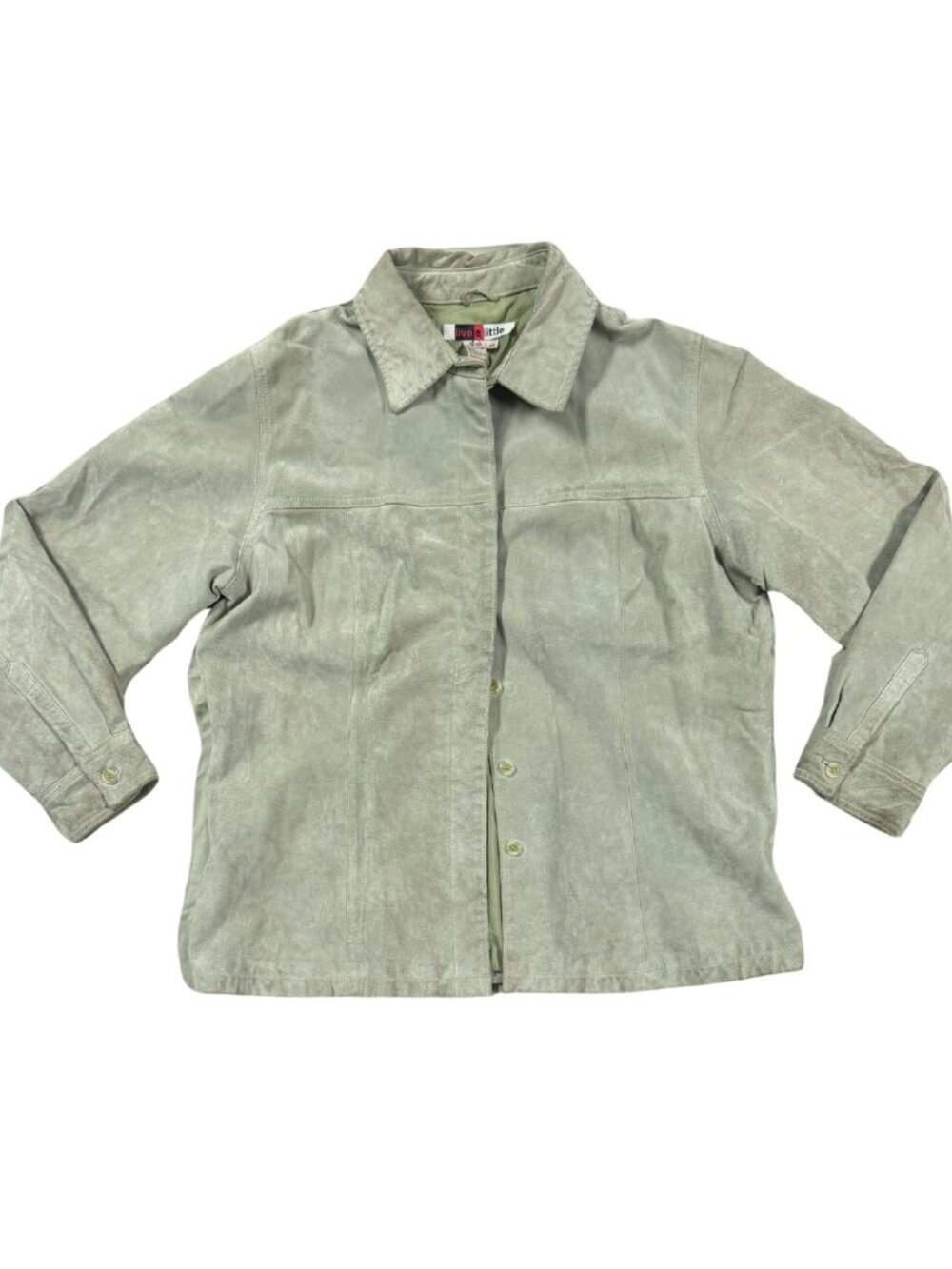 Vintage 90s Live a Little Light Green Suede Leather Bomber Racer Jacket Small